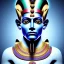 Placeholder: 3D close-up of a Egyptian god Anubi, high contrast, glowing backlighting, blue and red backlighting, vibrant hair, dark brown eyes, sharp focus, face painting, background blur.