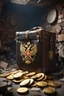 Placeholder: in a LARGE BASEMENT, half-buried in the earth, an ancient, worn-out, worn-out, torn-side valise peeks out, from which gold coins from the time of Catherine the Great fall out. The ancient coat of arms of Russia, the double-headed eagle, is BARELY VISIBLE on the bag. There are a lot of broken bricks and earth around the bag. All in high quality 8K