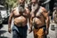 Placeholder: half figure shot photography of two turkish ugly dirty burly construction workers strong chubby wet sweat 51 years old shirtless, boxer, long beard, bulge, tattoo, manly chest , embaced on italian sidewalk, big legs, big shoulders, photorealistic, sunlight, summer, ambient occlusion, side view from the ground