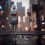 Placeholder: A wide-angle shot of a young, white-haired nymph woman standing on a sidewalk in a cyberpunk city. The woman only has one head, but also a gentle smile.