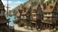 Placeholder: gothic medieval village at foot of cliffs, wooden harbour, shops, inn, taverns, houses, people, trees