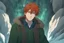 Placeholder: anime man with really long dark ginger red hair and blue eyes and forest green sweater standing in a cave with glowing crystals surrounding him and ice crystals hanging from the roof of the cave the cave is narrow and deep