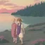 Placeholder: Summer near a lake , mountain in background pink sundown, there is a boy and girl seting together near the lake , sun shine in sky , birds flying around