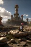 Placeholder: far in the future, a gigantic stature of a mario sits among ruins of buildings. time has weathered the landscape for thousands of years. a small makeshift camp with people can be seen contrasting the massive statue.