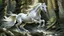 Placeholder: Generate an image of a majestic and regal white stallion galloping through a dense forest with dappled sunlight beaming through the tree branches, creating a tranquil and ethereal atmosphere. The horse's mane and tail should be blown back in the wind, and his muscles should be defined and sculpted as he gracefully leaps over fallen logs and streams. Make sure to capture the horse's piercing gaze and proud posture, exuding a