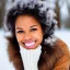 Placeholder: black woman with brown eyes, perfect smile, and brown coily hair in winter wonderland