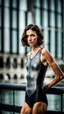 Placeholder: beautiful anorexic young woman, total shot, short shiny anthracite triathlon swimsuit, short brunette wavy bob hair, blurred city background