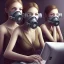 Placeholder: cute girls sitting at the computer in military gas masks. one of the girls is sticking out of the canale grande