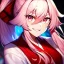 Placeholder: Clear focus, 8k, beautiful lighting, vibrant colors, girl, pink long hair, vibrant pink eyes, miko, ponytail, hair in between the eyes, up close, laughing, angry, messy hair,