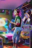 Placeholder: a millineal teenage boy is playing video arcade games, bright colored clothes from the 90s, hairstyles of that time, comic style