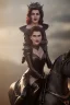 Placeholder: busty evil queen in leather gown, riding a horse, cleavage, angry, stern look, unreal 5, octane render,cinema4d, dynamic lighting, dramatic lighting, 4k, redshift render, highly detailed, hyper realistic