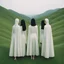 Placeholder: a group of women standing on top of a lush green hillside, inspired by Ren Hang, design milk, long black hair, whites, wanderers traveling from afar, trending on artisation, cloning spell, coat pleats, in twin peaks, submarine, by Helen Thomas Dranga, symetry, round-cropped, noire photo