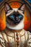 Placeholder: Portrait Renaissance Portrait of a female Siamese cat wearing classic mediveal gown and veil outfit, oil painting texture, piercing blue eyes, texture background