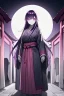 Placeholder: girl, masterpiece, best quality, cinematic lighting, detailed outfit, vibrant colors, perfect eyes, purple hair, pink eyes, long hair, A young woman in a traditional Japanese hakama, standing in a shrine, illuminated by a full moon, painted in a traditional ukiyo-e style, with a soft, muted color palette, intricate details, and dynamic composition