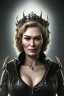 Placeholder: Cersei Lannister as evil queen in black leather coat, busty, cleavage, voluptuous, lena headay, angry, stern look. character design by cory loftis, fenghua zhong, ryohei hase, ismail inceoglu and ruan jia. unreal engine 5, artistic lighting, highly detailed, photorealistic, fantasy