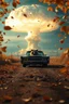 Placeholder: foreground with many falling leaves, behind is a nuclear explosion's mushroom cloud that looks more like a tree in fall, with explosion radiating outward, many leaves falling in foreground, ground is dirt and scorched with a road coming down the middle towards viewer, on the road facing towards below the viewer is a black 1962 Lincoln Continental with the roof down and a driving is a giant racoon, higher perspective, angelic fantastic lighting