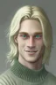 Placeholder: Realistic young man, longish blond hair, droopy green eyes, angular facial feature, grey sweater, white skin, gentle smile