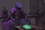 Placeholder: a black and purple, female argonian artificer who uses Tesla coils, skinny, wearing little armor and a robe, sitting in her lab