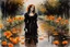 Placeholder: Night, one woman, orange flowers, gothic horror movies influence, puddle, epic, john singer sargent watercolor paintings