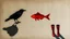 Placeholder: Long Shadows: raven, red fish, red boots, abstract surrealism, conceptual art