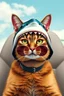 Placeholder: cat with shark mask hat solana private jet japanese style in the style of warhol