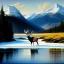 Placeholder: Drawing of 'Elk',River,snow,mountains,painting by Earl Norem, simon Bisley,frazetta,西嘛哒, evan lee, Vallejo,kelly oil on canvas, cinematic composition, extreme detail,fit full head inside picture,8k