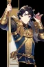 Placeholder: A handsome 30 year old male knight, black hair, dark blue eyes, wavy haircut, in black-and-gold plate armor, no beard, european, portrait