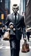 Placeholder: A man with suite carrying a business bag walking in the new York street , his head is an old scary baby doll with eyes removed
