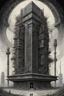 Placeholder: A building with a Indian fathers on and with computer chips and a smoke in the background dark a thin line draw ، front view camera, decayed and proportions and imagery. surreal chorror, biomechanical design, by hr giger and beksinski , fine lines draw