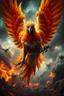 Placeholder: Create a ultra high definition and photorealistic image, 12k quality of a beautiful phoenix, majestic and strength showing, emphasis on texturized claws, upclose with a front view flying towards the camera, centre of an explosive and chaotic background scene of Armageddon where he is followed by demon like dark clouds in persuit trying to grab him, phoenix has striking eyes and determined look, majestic wings folded inwards in flight, bright auburn, black, white, grey and yellow colours, gothic