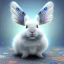 Placeholder: white platinum rabbit with blue third aye and butterfly wings, aboriginal, dot painting, indiginous, dot, mud, dream-time, abstract, dots, natural pigment, extremely sharp detail, finely tuned detail, ultra high definition, 8 k, unreal engine 5, ultra sharp focus, art germ and Paul Lewin and Kehinde Wiley, winter ambiance