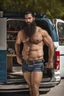 Placeholder: half figure photography of a 31 year old beefy burly sicilian plumber, wearing his work unbuttoned uniform, bulge, leaning with his back to his van, arms folded and angry look, , hairy chest, big belly, very virile, long black beard, very short hair, sweat, , in a sunny street, photorealistic