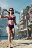 Placeholder: Emma Watson, full-length, in a swimsuit, cyberpunk 2077, photorealistic illustration, 4k