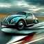 Placeholder: a high definition screen shot of a jet-fighter vw-beetle, retrofuturistic, phototrealism, in flight, one subject, should have wings with atleast one exposed jet on each wint or one coming throught thr front and center of the vehicle.