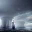 Placeholder: A princess standing. Epic scale. Heavy cold rain. Thunderstorm. An engineer looking up. Futuristic scenary. Gray mist.