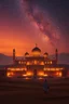 Placeholder: photographic realism. a beautiful Middle-Eastern scene in the middle of a desert at sunset. atmospheric. huge palace and immense view of the night sky.
