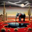 Placeholder: by Desmond Morris, weird grim desert wonderland, surreal elephant drinking from a red pond, matte oil painting, dark colors