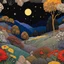 Placeholder: Colourful, peaceful, Egon Schiele, Max Ernst, Gustav Klimt, Vincent Van Gogh, night sky filled with galaxies and stars, rocks, trees, flowers, one-line drawing, sharp focus, 8k, deep 3d field, intricate, ornate, hypermaximalist