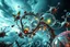 Placeholder: Dynamic complex hypnotic fractal 3D structures Symmetry twisting and morphing between plants and metal geometric forms , smooth translucent iridescent glass with inner glow and bubbles, varied transparent materials, stormy skies, intense dramatic