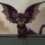 Placeholder: A little cute friendly cat looking gargoyle pet with goat horns and wings Nick Harris style