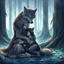 Placeholder: fantasy anime art from an gray bodyhair wolf female anthropomorphic wolf female hibrid kneeling hugs her two anthropomorphic wolf-kid hibrid child on field, in background tall trees wirh big trunks, rain, down on blue-green moss, hug each other , rainy day, high contrast, high detalied, atmospheric, fantasy, sci-fi mood