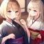 Placeholder: Clear focus,High resolution, Light Blonde hair, and blue eyes, kawaii style, wearing a Japanese Traditional dress, Blushing