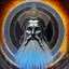 Placeholder: photo realistic, symetrical, centered, ultra detailed, digital art, in center is a portrait of highly detailed greek colossus god zeus wearing futuristic high tech rave glasses surrounded by galaxy codes seeking knowledge, gray beard, crown filled with crystals, detailed face with human skin color, eyes filled with galaxy, dominating colors = gray light blue and dark gold, lightning, smoke,