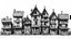 Placeholder: A technical front view pencil drawing of a row of dilapidated fantasy houses of different heights.
