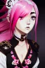 Placeholder: A Cute anime Kunoichi girl, kitsune mask, pink hair buns, pink bangs, traditional black designer kimono, full body art, intricate details, eyes perfectly aligned, full body portrait, red ribbons, slight smile, black constellation motif, windy, concept art, mini tornado stickers, black fishnet wear, highly detailed, digital painting, artstation, concept art, sharp focus, illustration, art by WLOP and greg rutkowski and alphonse mucha and artgerm and yanjun Chen and Junji ito