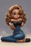 Placeholder: Create a furturism magna art of a black chibi curvy female sitting on the floor looking at her cell phone. She is wearing tight blue jeans and a black off the shoulder blouse. Prominent make up with lush lashes. Highly detailed wavy ombre blonde and brown long hair. She is also wearing silver large hoop earringsart of a black chibi curvy female sitting on the floor looking at her cell phone. She is wearing tight blue jeans and a black off the shoulder blouse. Prominent make up with lush lashes.