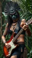 Placeholder: ultra HD shot of a strong young woman playing electric guitar. with a mask Mayan features, tribal tattoos, textured copper skin, tribal jewelry, large, Background of the figure in a jungle environment.