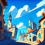 Placeholder: cartoon old city blue sky background