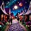 Placeholder: People walking, creepy street made of modeling clay, village, stars, galaxy and planets, sun, volumetric light flowers, naïve, Tim Burton, strong texture, extreme detail, Max Ernst, decal, rich moody colors, saloon, sparkles, Harry Potter, bokeh, odd