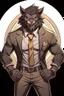 Placeholder: Buff, anthro, wolf, himbo, black fur, gold eyes, wearing a suit, full-body, muscles, strong, muscular, man boobs, bulky, tail, dark fur, smug grin, hands on hips,